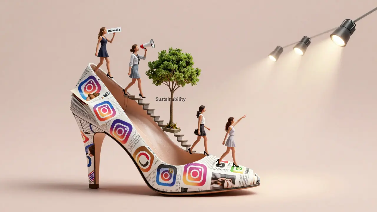 Giant heels made of magazines and social media icons, with supermodels walking atop as symbols of change.