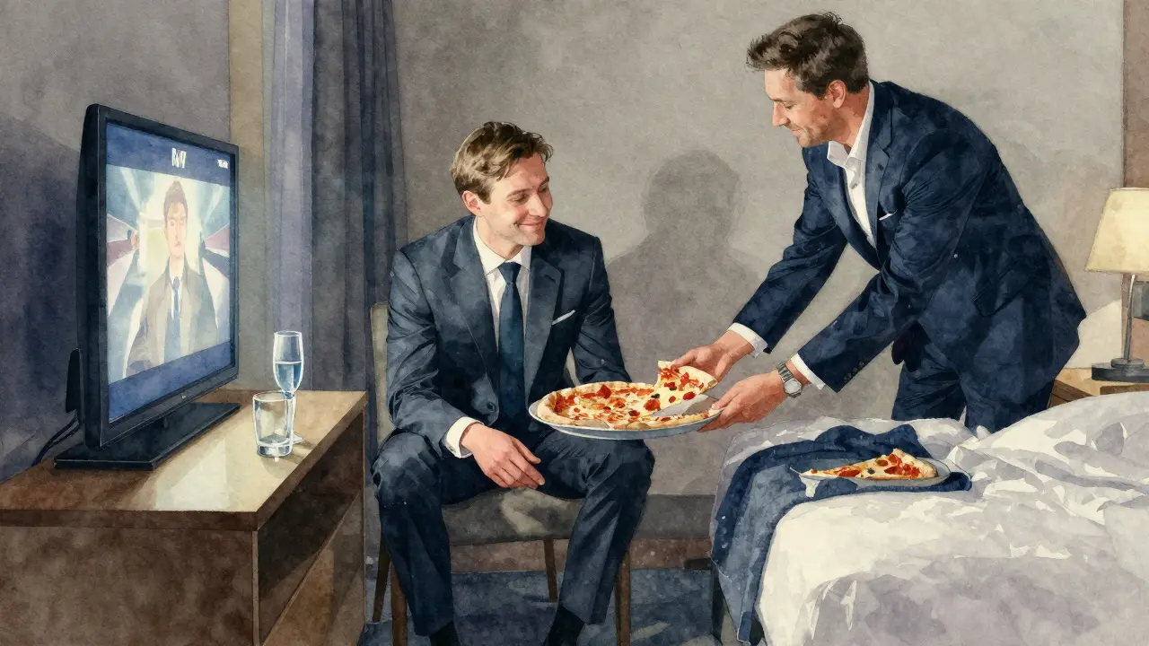Groom in suit smiles as best man offers pizza in quiet hotel room at night.