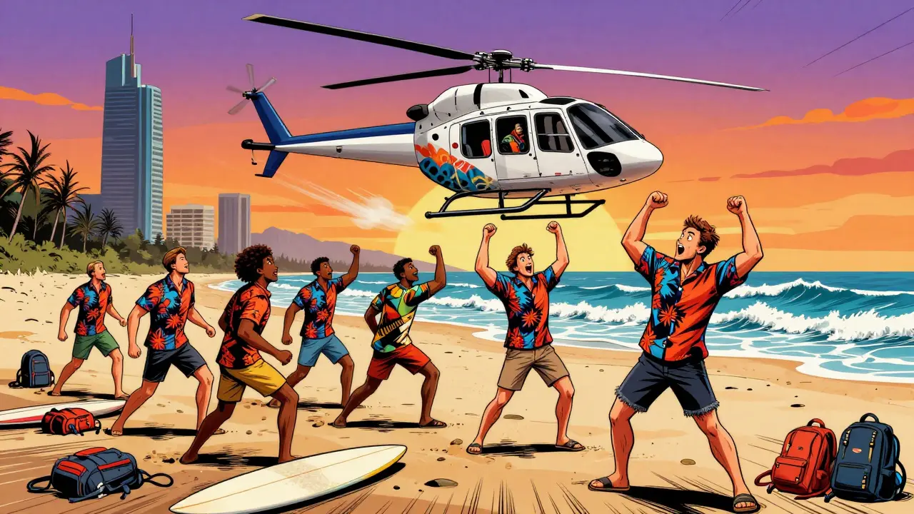 Group of men cheering as a helicopter lands on a beach, groom surprised and delighted.