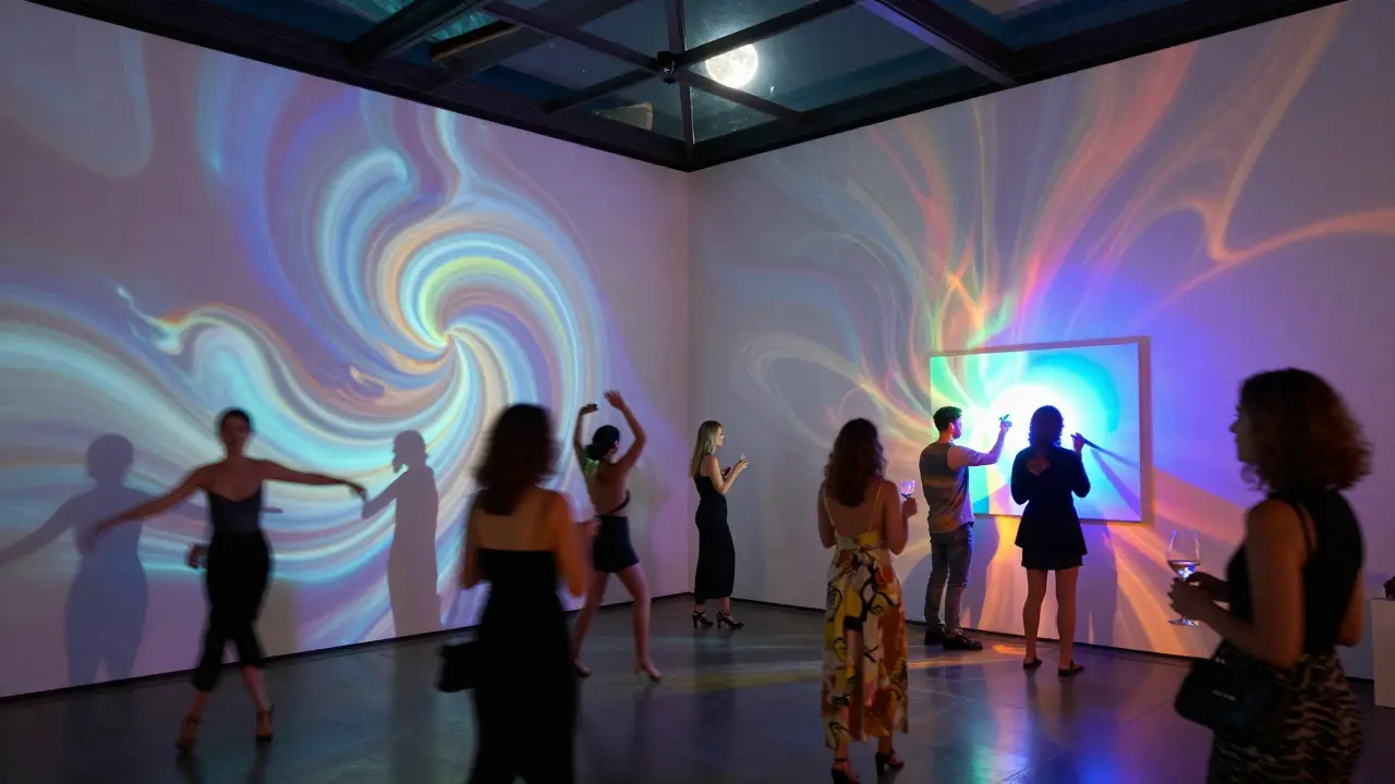 Guests immersed in projected art and live painting at a Sydney gallery-nightclub fusion event.