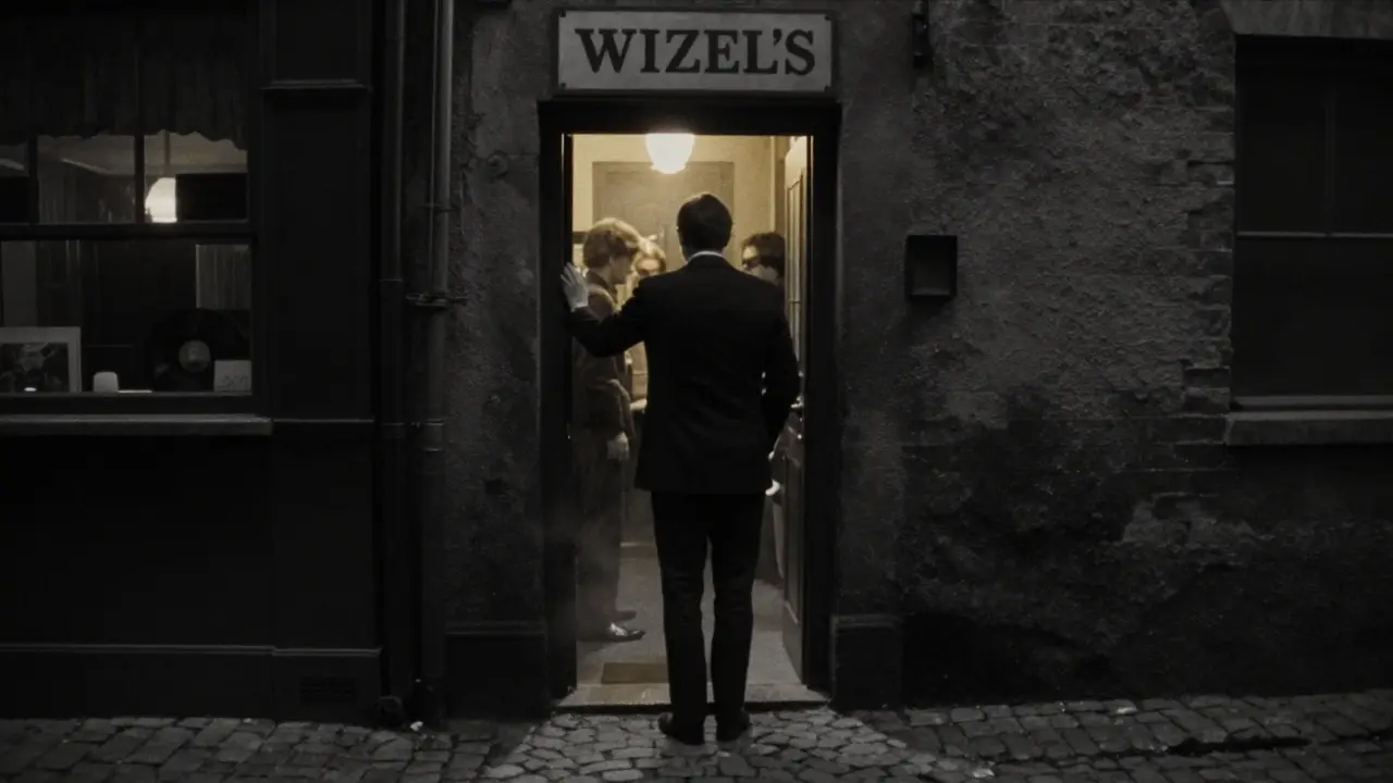 Hidden doorway in a narrow alley with a bouncer nodding, warm light glowing from inside.