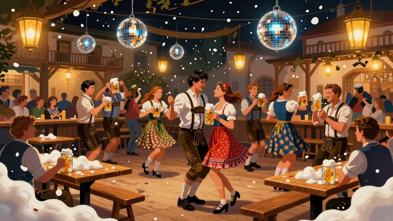 Locals dancing with beer steins in a lit-up Bavarian beer hall turned nightclub, golden lanterns and foam splashes everywhere.