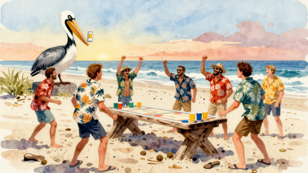 Men playing beer pong on Myrtle Beach boardwalk at sunset, pelican statue in background, sand and ocean nearby.