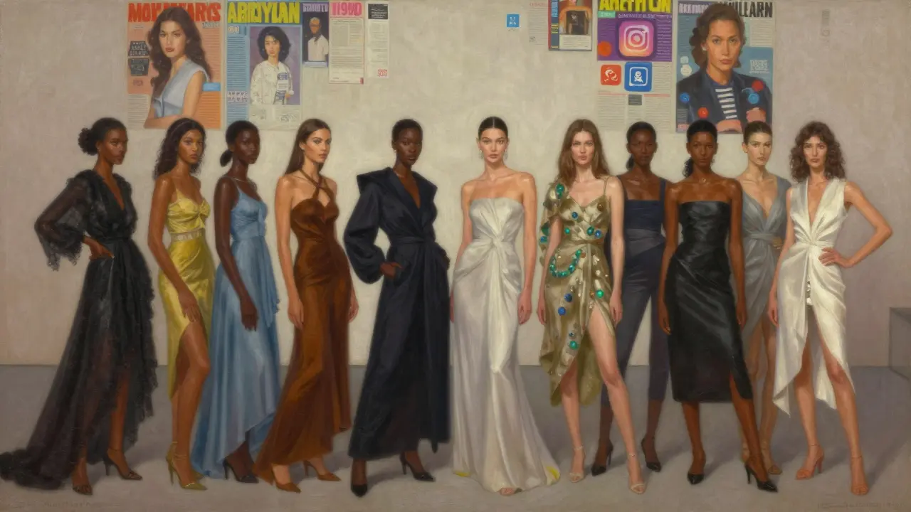Modern diverse supermodels standing on a minimalist catwalk, blending heritage and digital culture.
