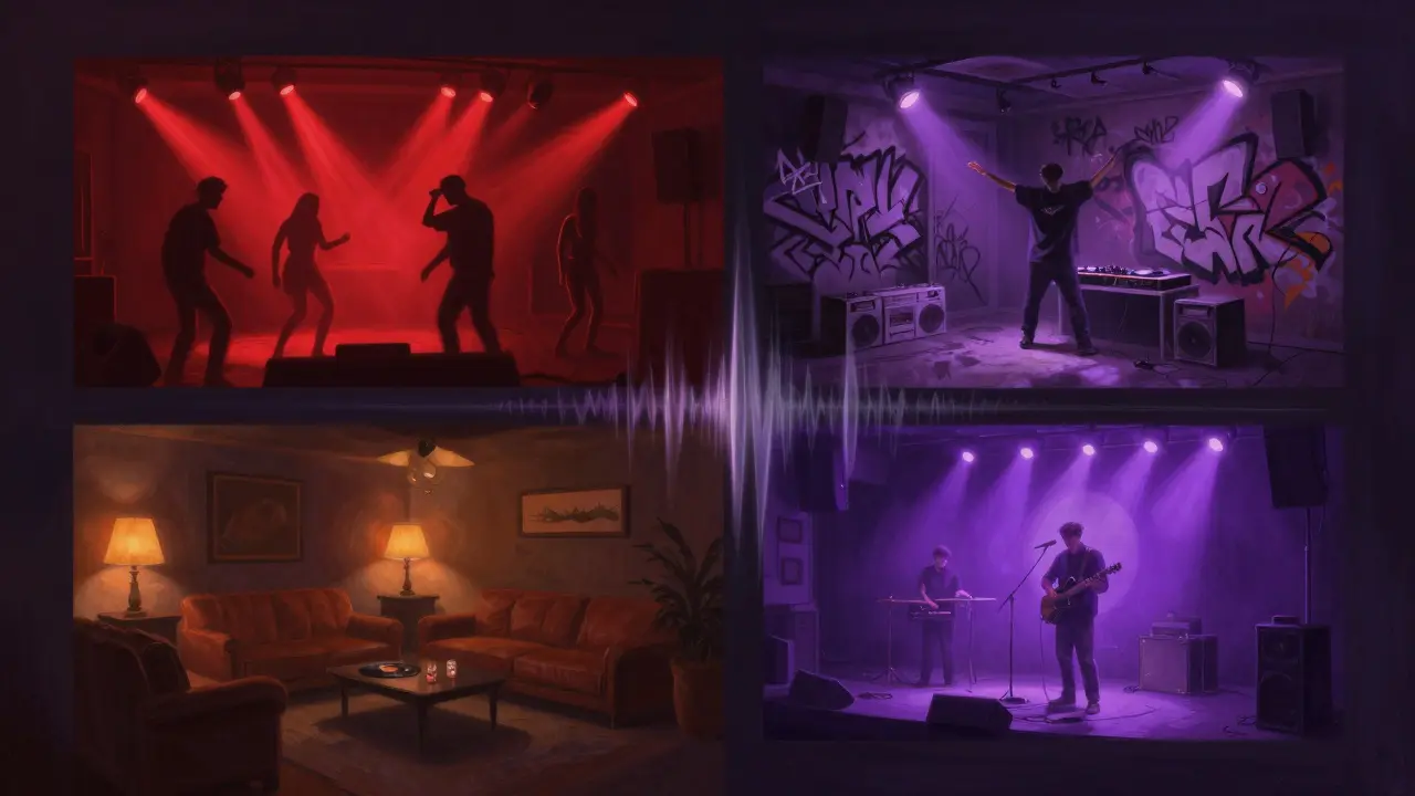 Multi-room nightclub scene with techno, hip-hop, vinyl lounge, and live band areas blending together.