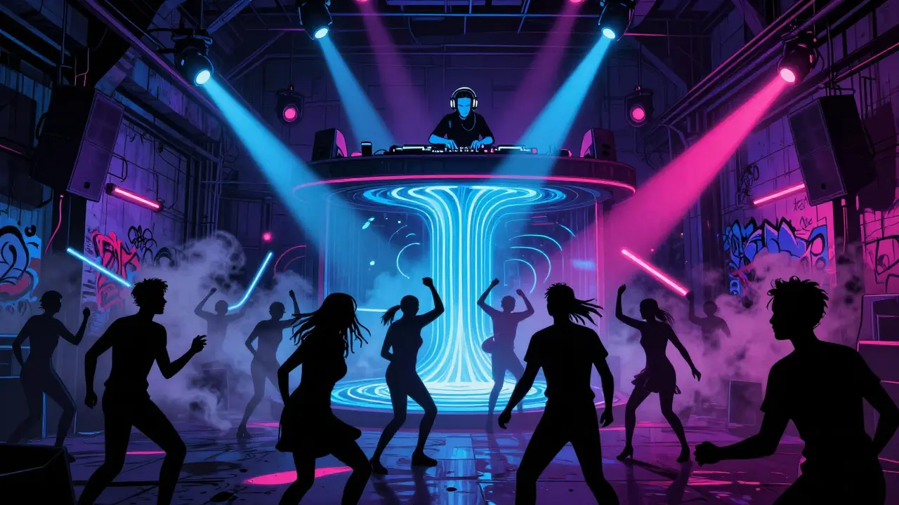 Neon-lit underground club with dancers and a DJ under pulsing strobe lights.