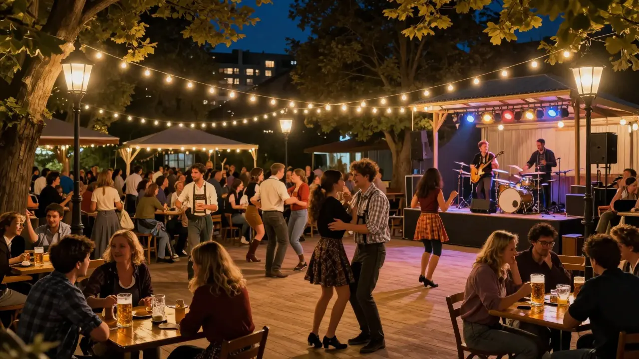 People dancing under string lights in a historic beer garden at night with lanterns and trees in background.