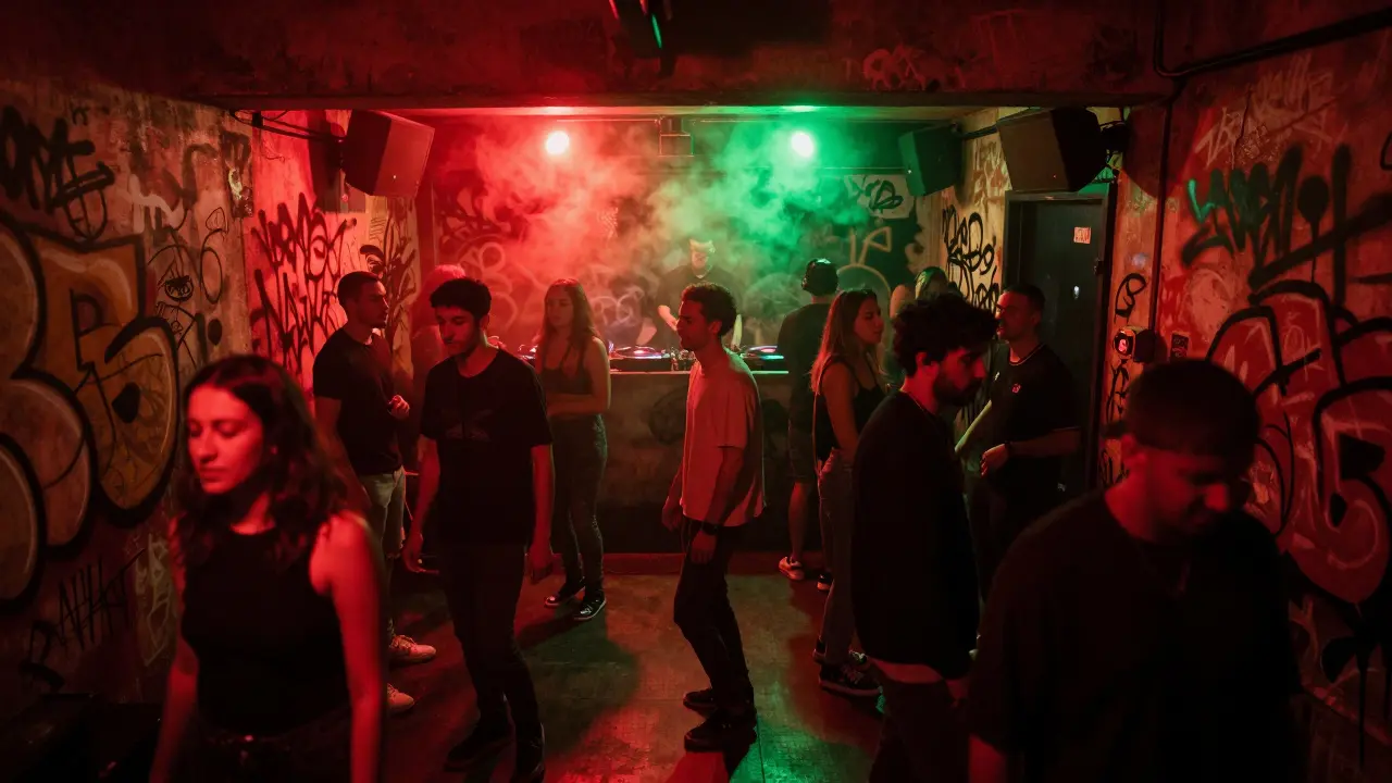 People lost in movement at an underground techno club with pulsing neon lights and smoke.
