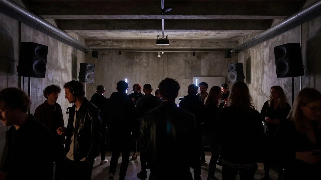 People lost in techno music at an industrial club with raw concrete walls and moody lighting, no phones or text visible.