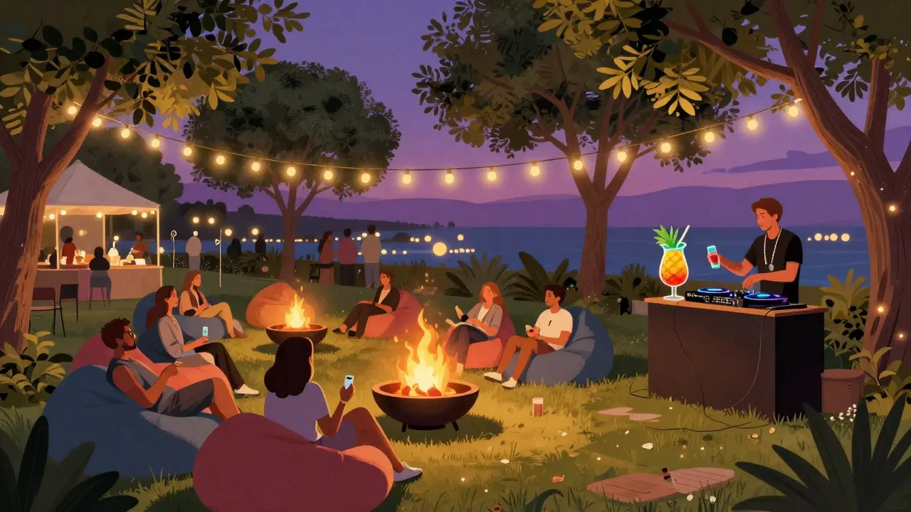 People relaxing around fire pits and fairy lights at The Grounds of the City with pineapple cocktails.