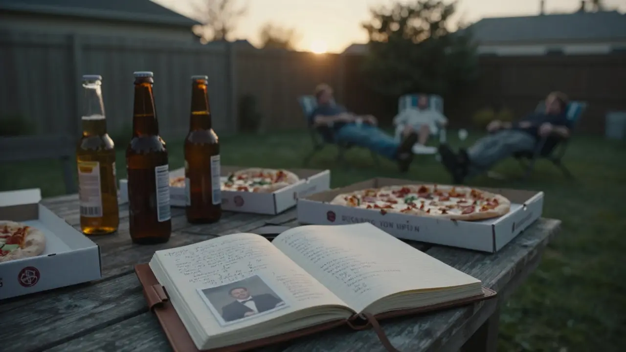 Quiet backyard at dawn, open journal with notes beside sleeping friends after a bachelor party.