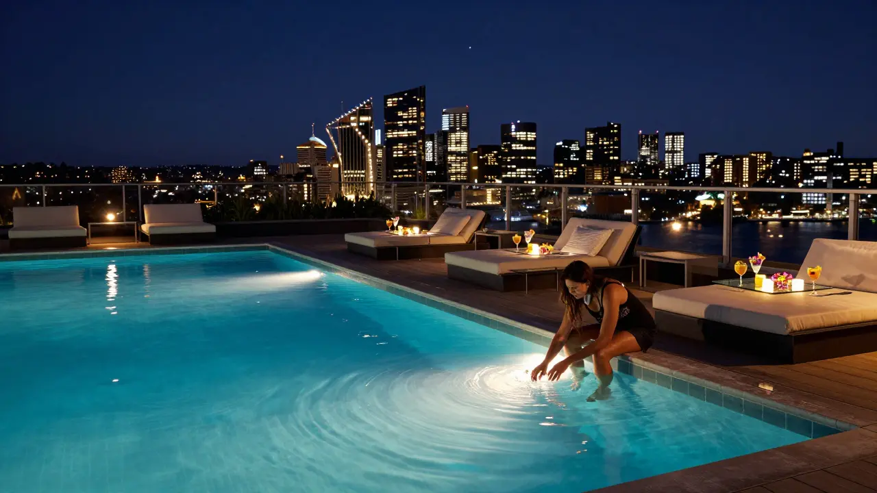 Rooftop pool with city skyline backdrop, guests lounging beside sparkling water and cocktails under starry night.