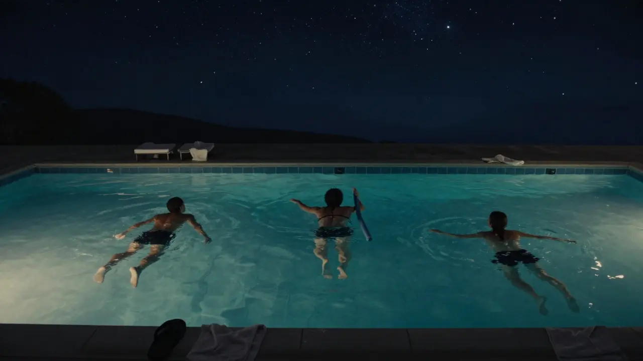 Silhouettes of people floating on their backs in a pool under a starry sky, water mirroring the stars at midnight.