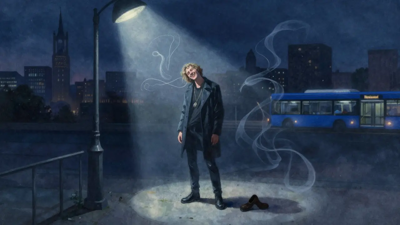 Solo partygoer smiling outside a club at 3 a.m. with a lost shoe and distant bus.