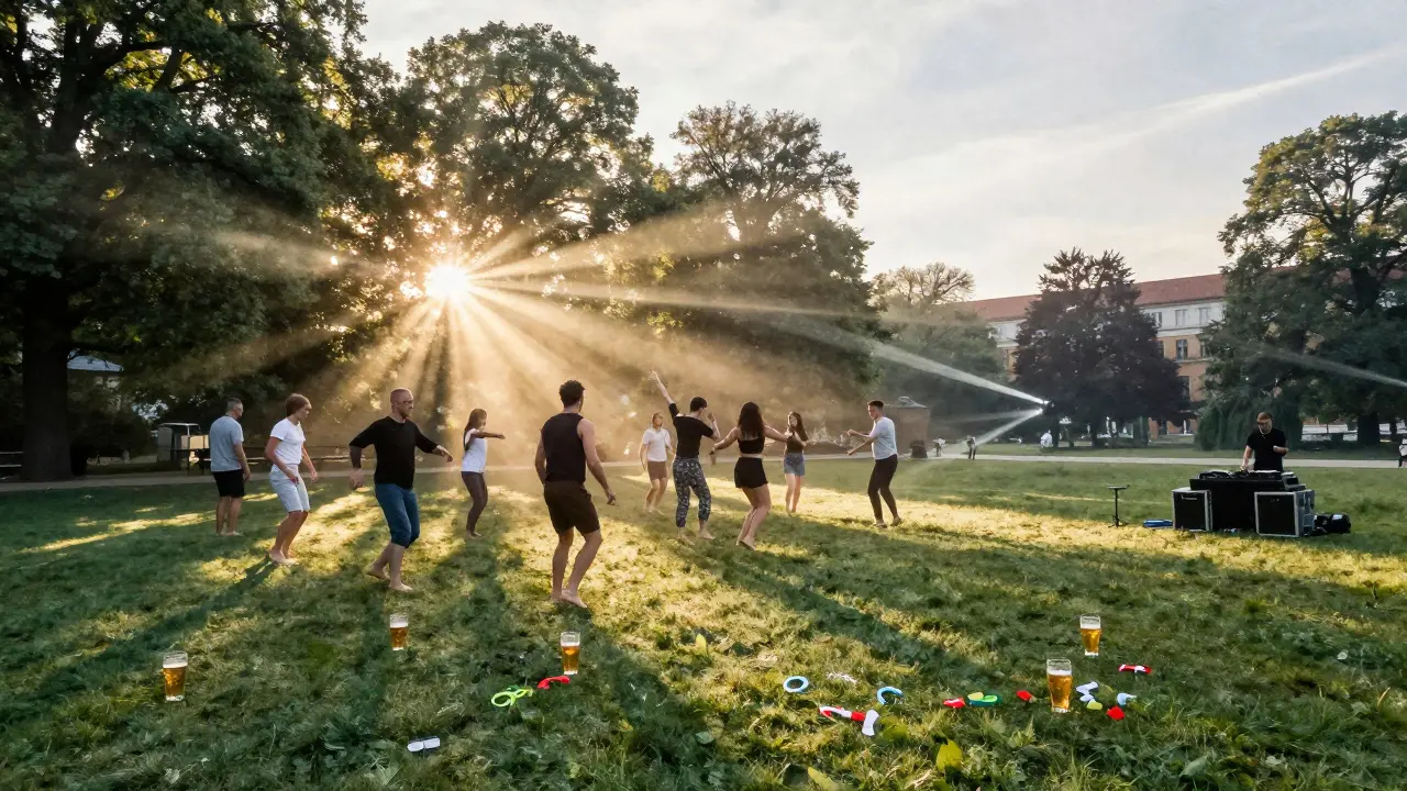 Sunrise over Prater Garten with dancers still moving on grass as night fades into morning.