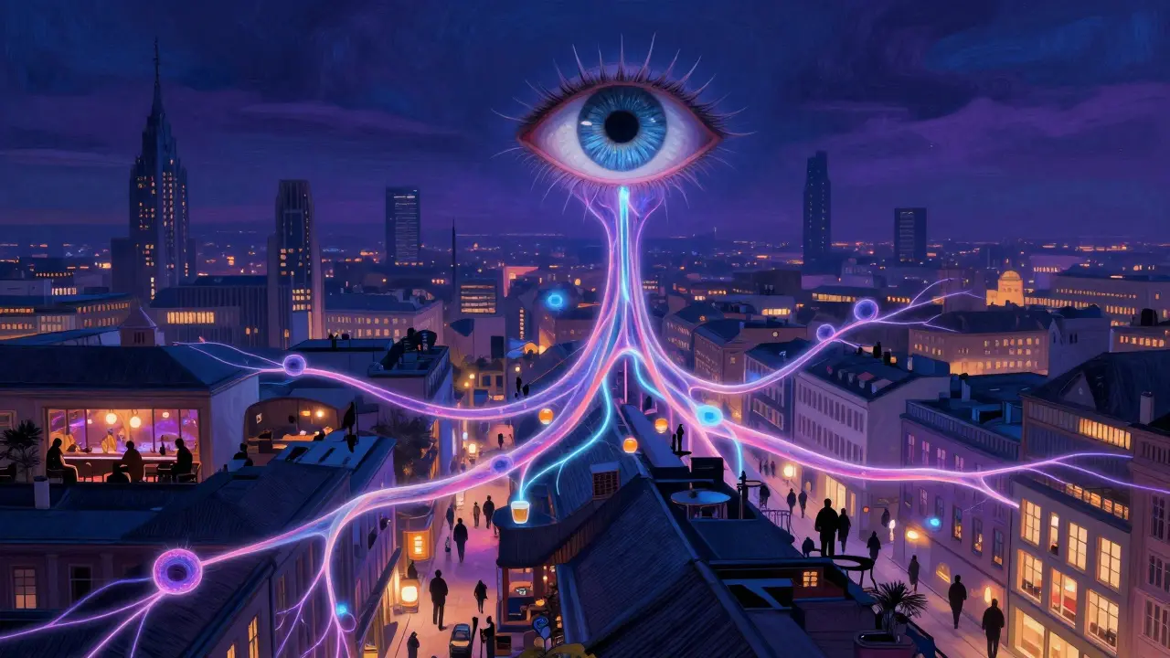 Surreal glowing network of Munich’s nightlife venues beneath the city, human figures moving through neon veins like living cells.