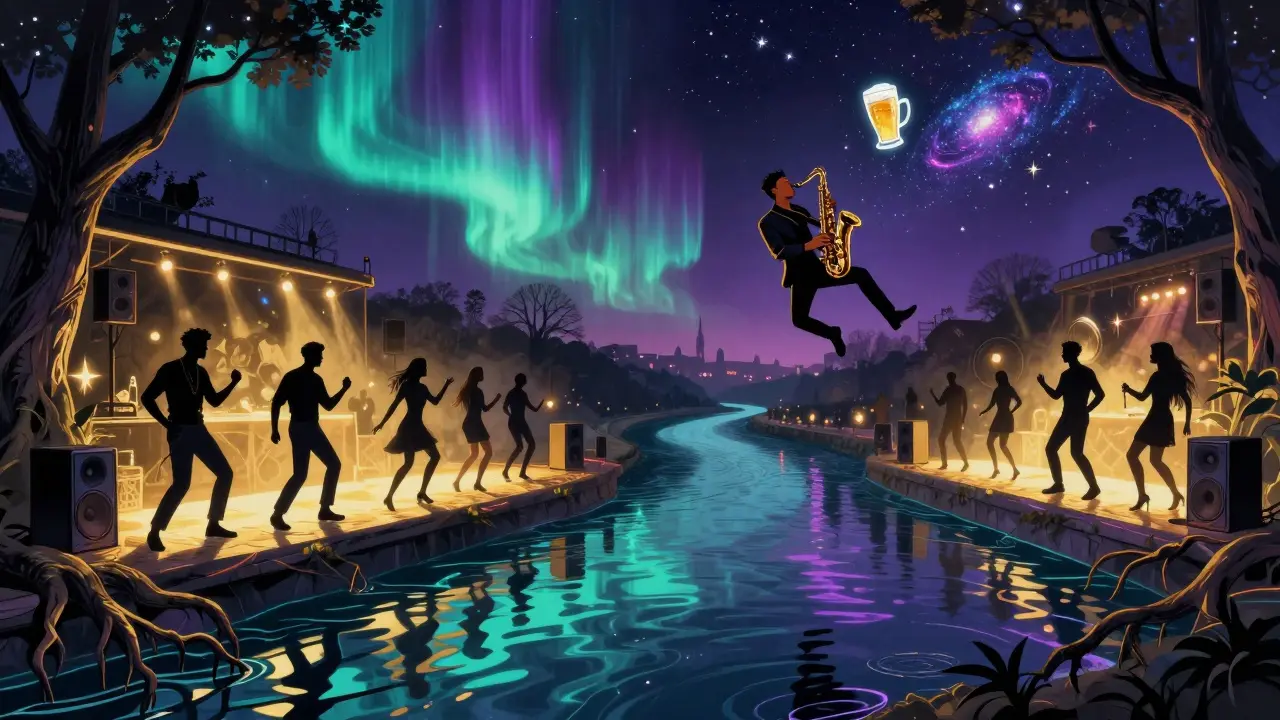 Surreal scene of dancers on riverbanks with floating speakers and neon music waves glowing above the water.