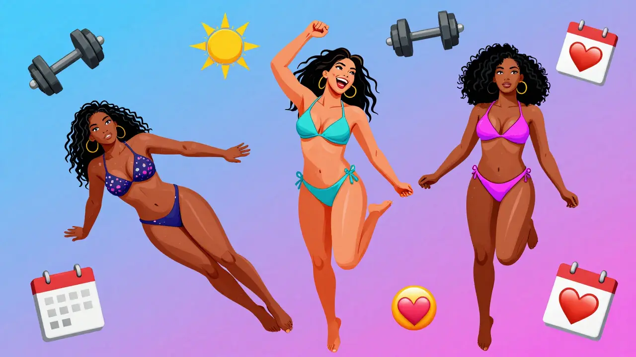 Three stylized bikini models in vibrant pop-art poses, surrounded by fitness and empowerment symbols.