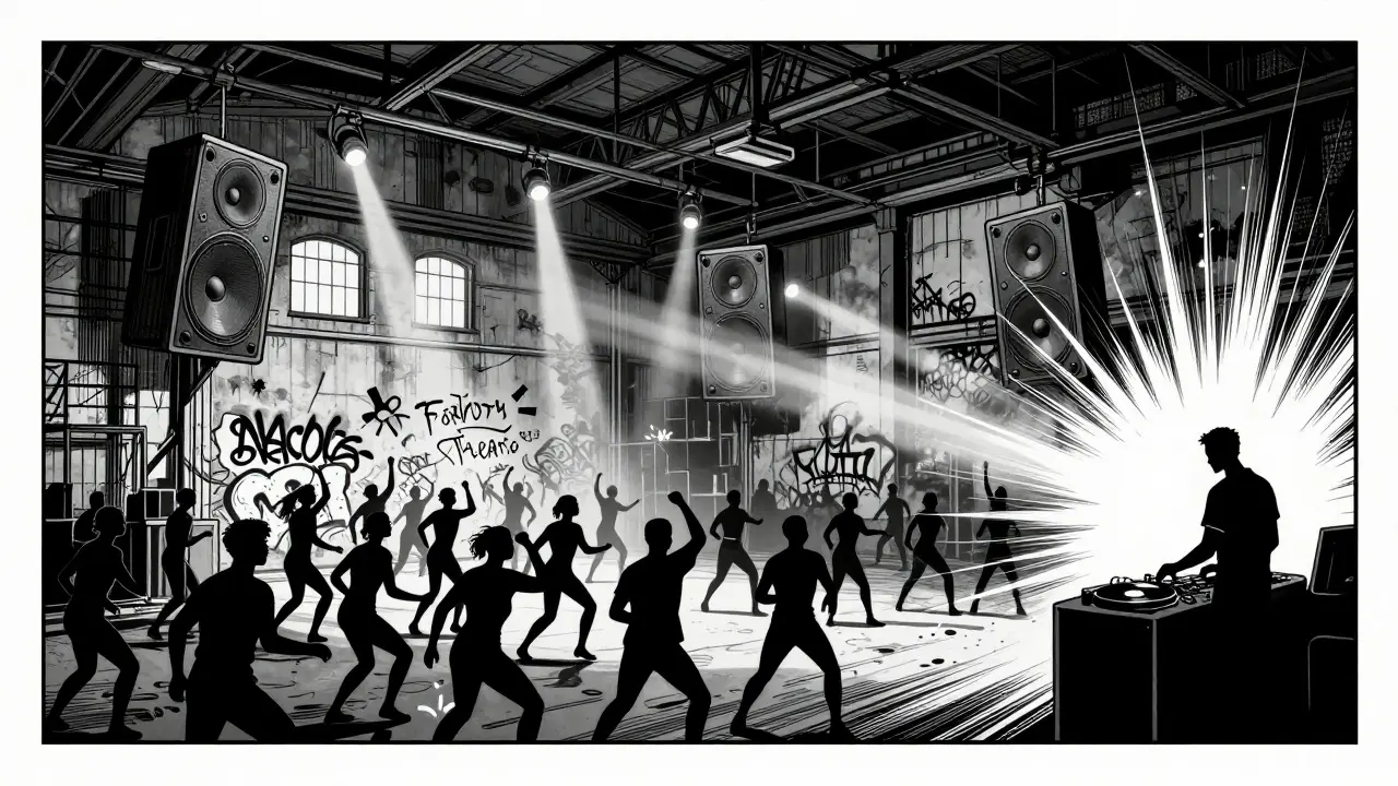 Underground warehouse party with strobe lights and silhouetted dancers at Factory Theatre.