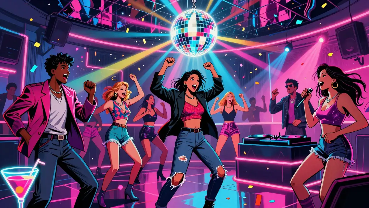 Vibrant nightclub with neon lights, disco ball, and diverse crowd dancing in 80s-inspired outfits.