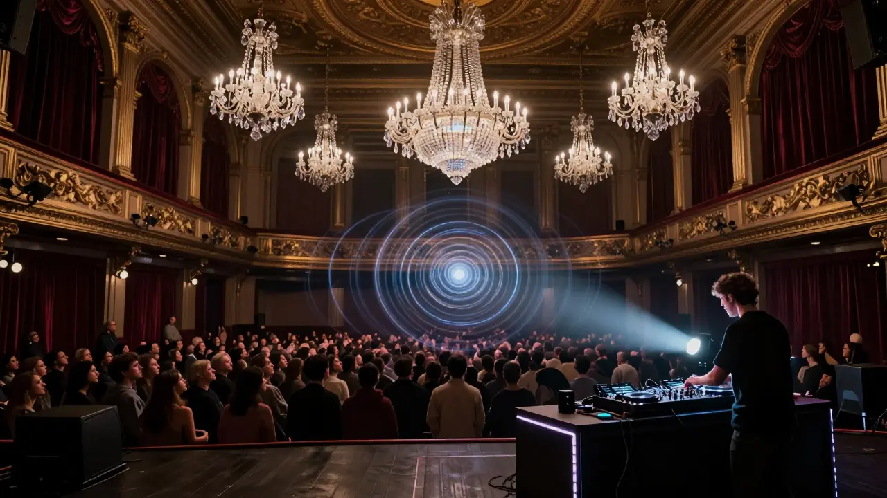 A grand concert hall transformed into a techno club with a DJ and glowing sound waves.