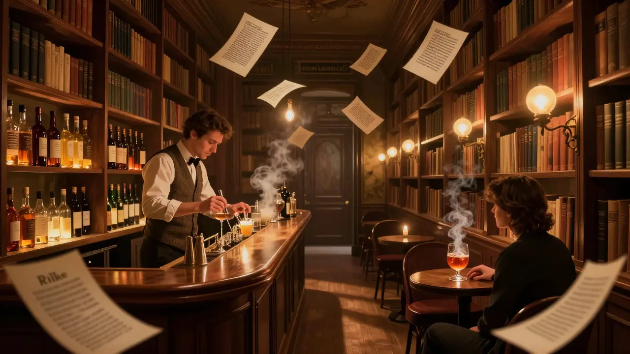 A hidden library speakeasy with bookshelves, candlelight, and a bartender mixing cocktails in a hushed atmosphere.