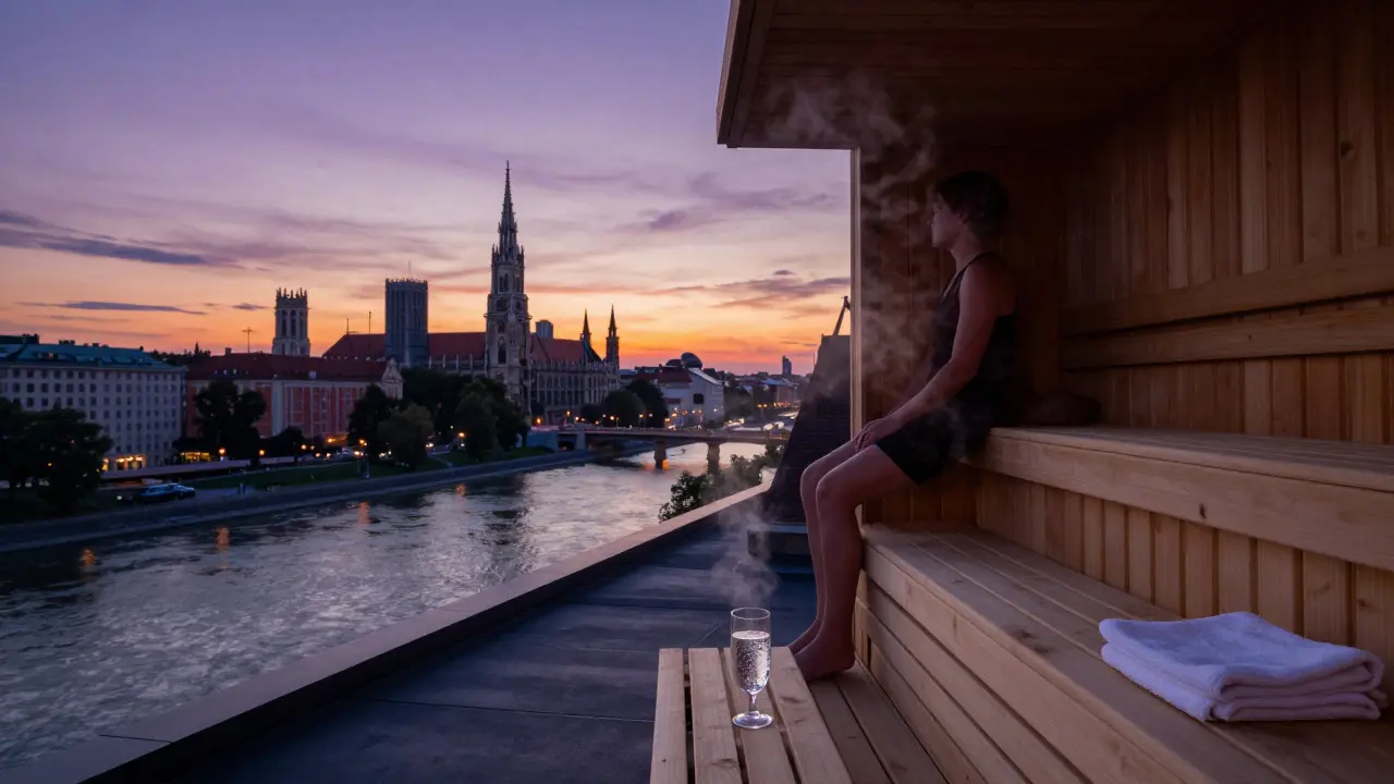A person in a rooftop cedar sauna at sunset, overlooking Munich’s skyline with steam rising into the twilight air.
