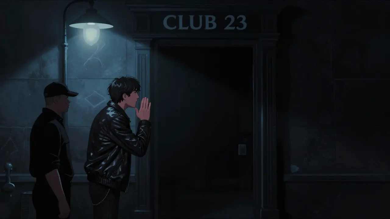 A person receiving a secret password at midnight outside a hidden club doorway in darkness.