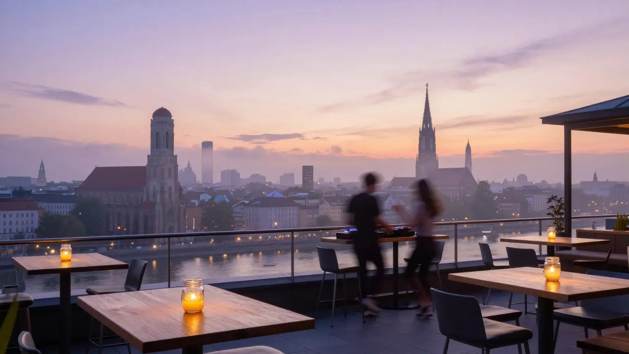 A rooftop bar at sunrise overlooking Munich’s skyline with dancers and cocktails.