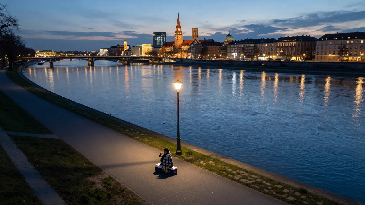 A solitary person sitting by the Isar River at night, city lights reflecting on the water.