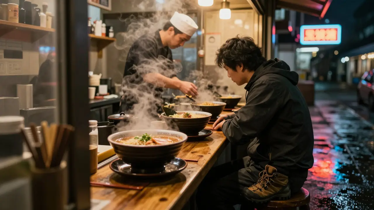 A steaming bowl of ramen served late at night in a small Munich restaurant, steam rising under warm lights.