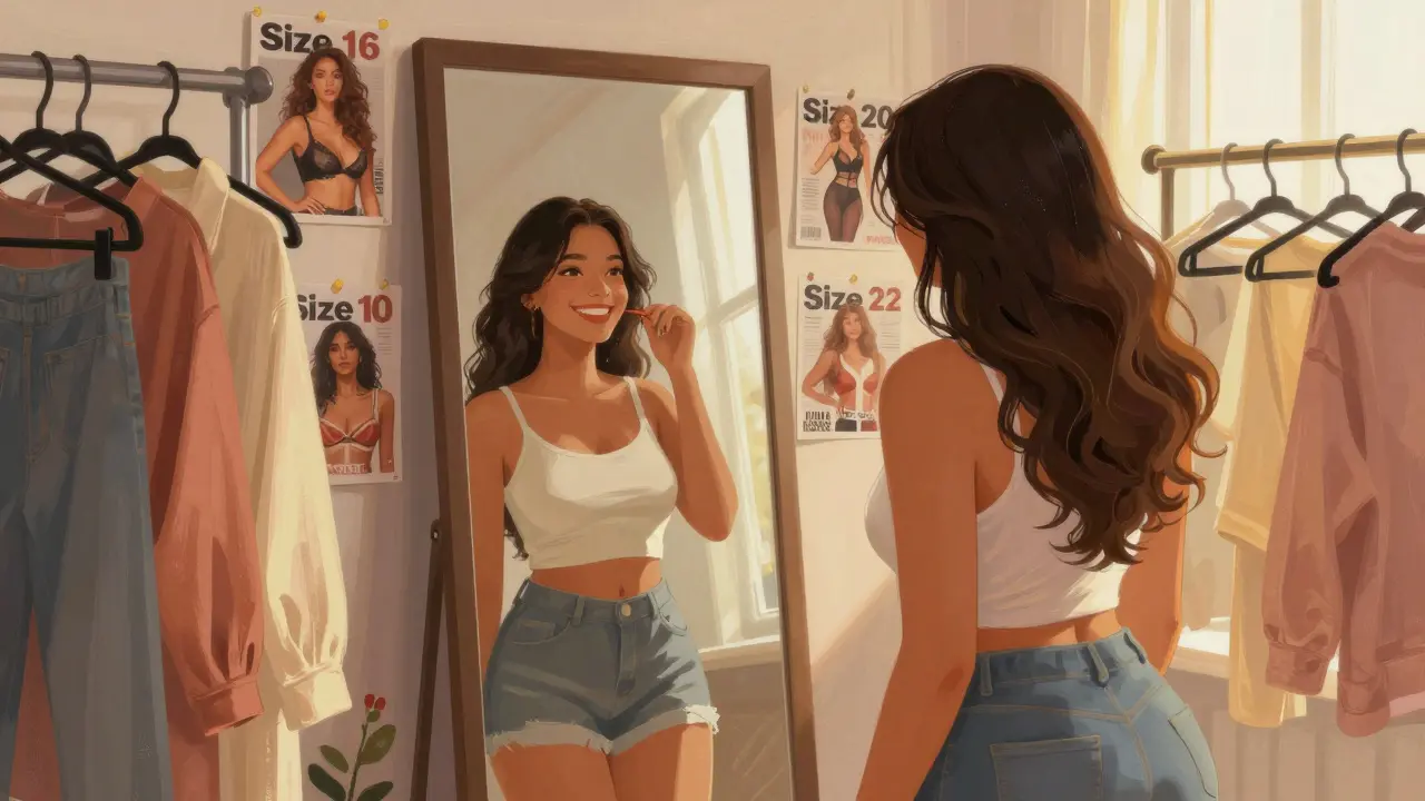 A woman smiling at her reflection in a mirror, surrounded by inclusive clothing sizes and magazine covers of curvy models.