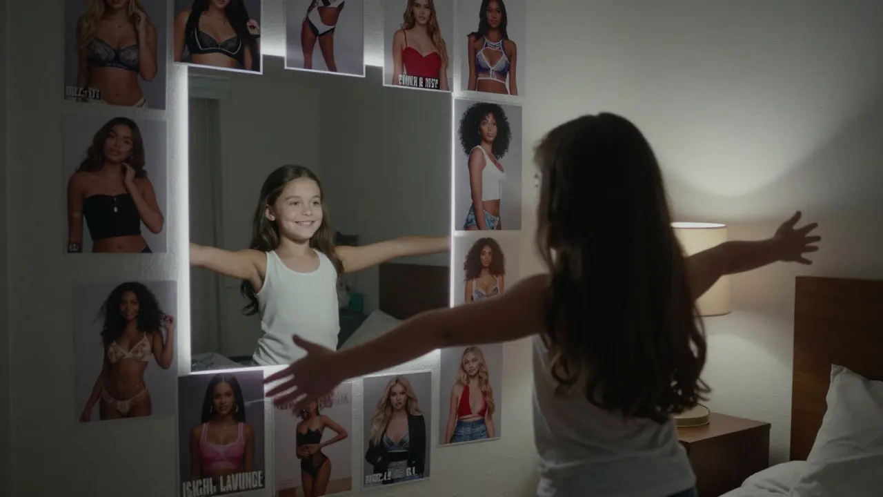 A young girl looking at mirror while surrounded by images of curvy models on her wall.