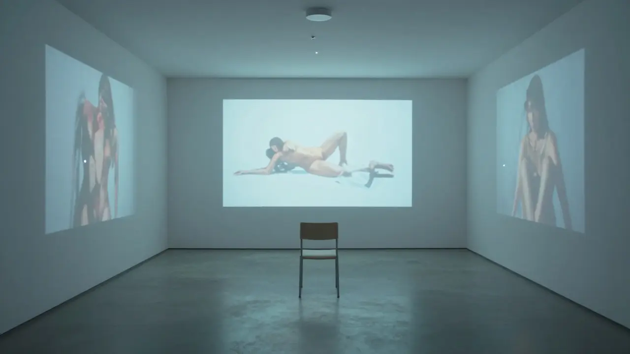 Abstract body paintings projected onto white walls in a silent basement art space, glowing with soft blue light.