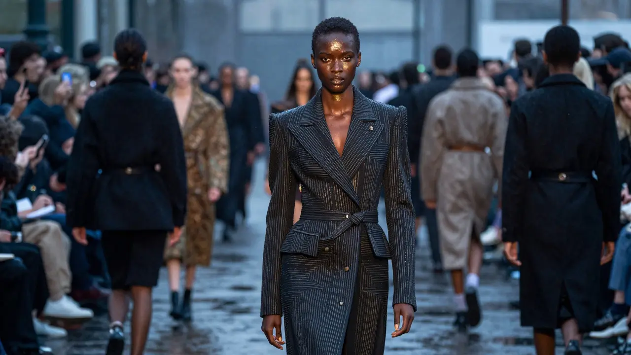 Amilna Estevão walking a rainy Milan runway in a Dior coat, neon reflections on wet pavement.