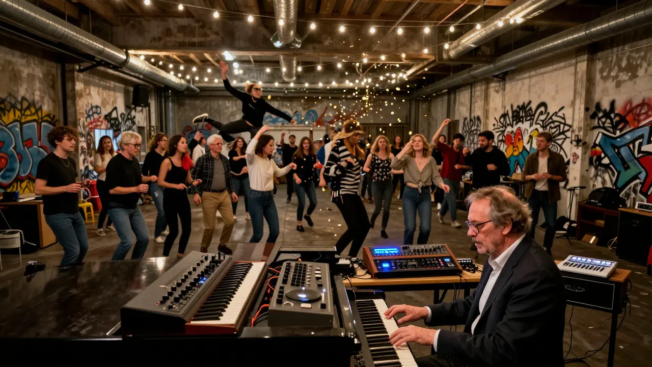 An elderly jazz pianist jams with a techno DJ in a raw warehouse, diverse crowd dancing together under string lights.