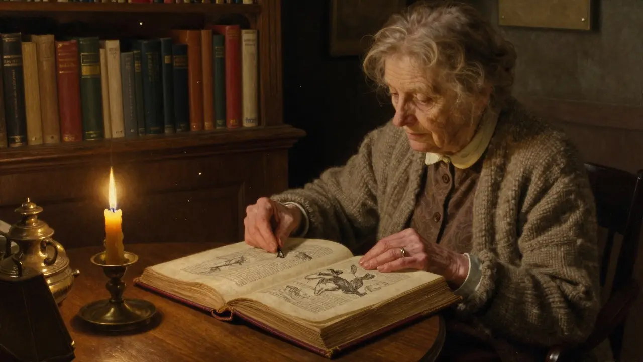 An elderly woman examining an 18th-century erotic manuscript by candlelight in a hidden bookshop room.