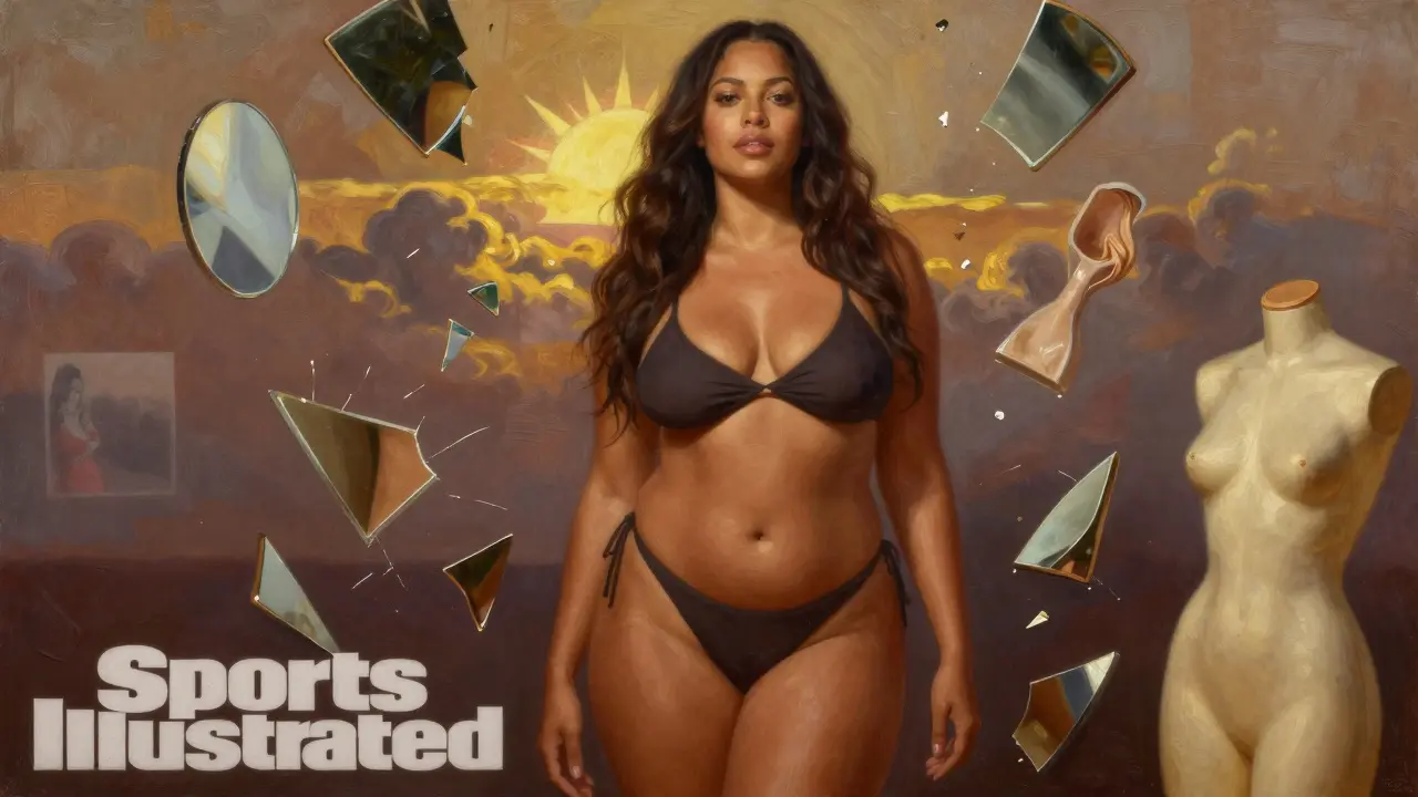 Ashley Graham on a magazine cover, surrounded by breaking beauty standards, bathed in golden light.