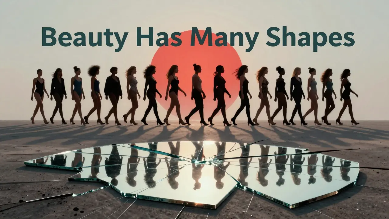 Broken mirror with traditional models below, curvy models walking upward as a unified silhouette against a sunrise.