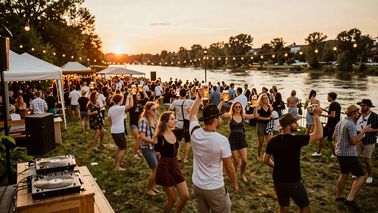 Crowd dancing in a beer garden under string lights as the sun sets, with beer steins raised in celebration.