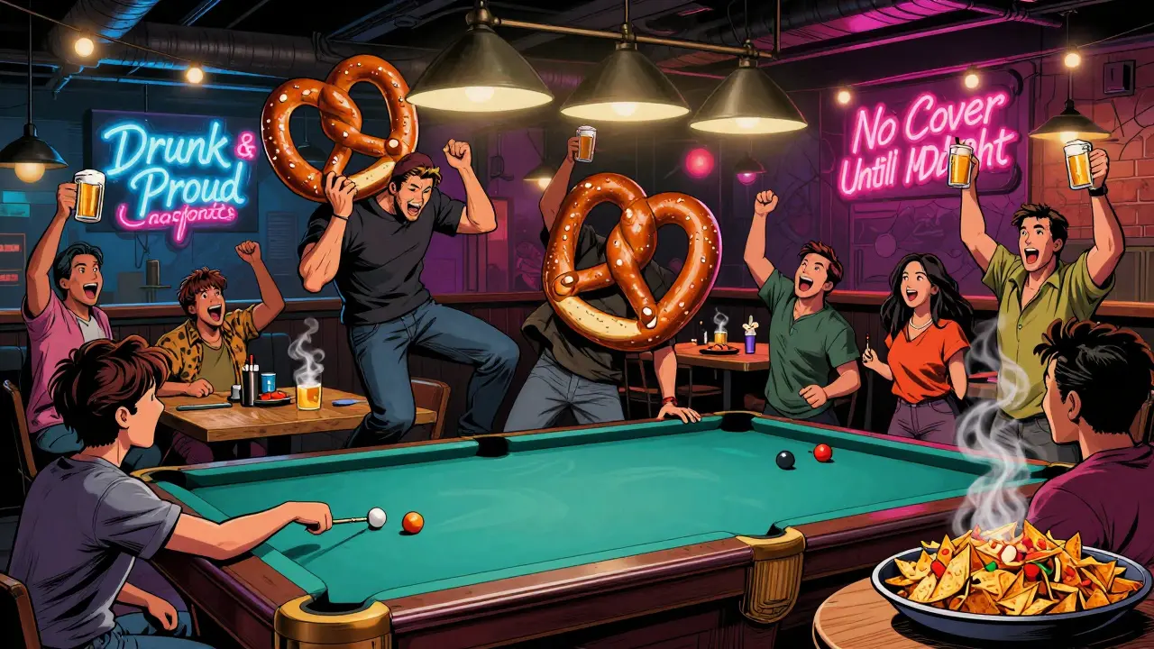 Crowd enjoying drinks and games at Die Kantine bar with neon signs and raised beer mugs.