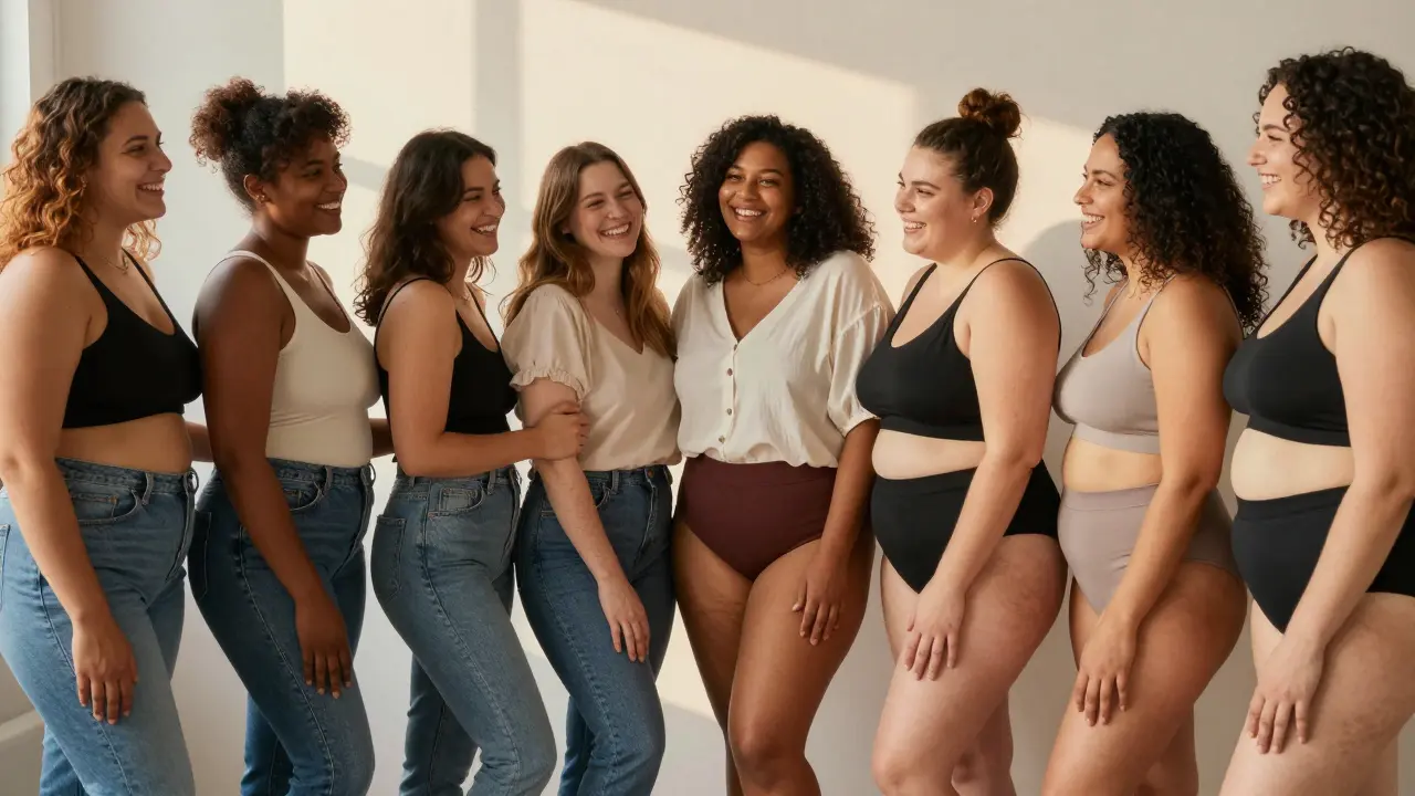 Diverse curvy models of different ages and backgrounds smiling together in a sunlit studio.
