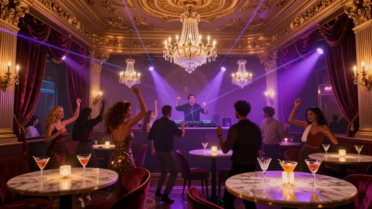 Elegant historic theater turned nightclub with gilded ceilings and modern laser lights, people dancing under crystal chandeliers.
