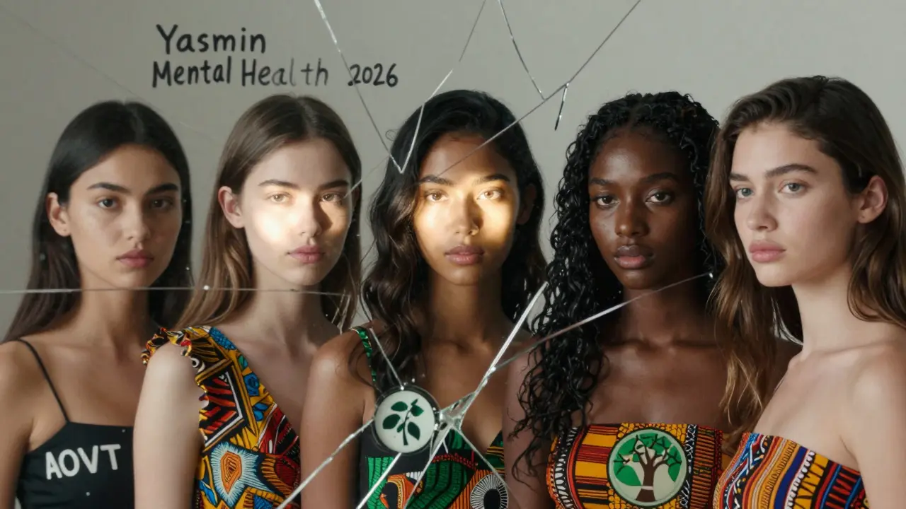 Five diverse models emerging from broken mirrors, faces glowing with symbols of activism and identity.