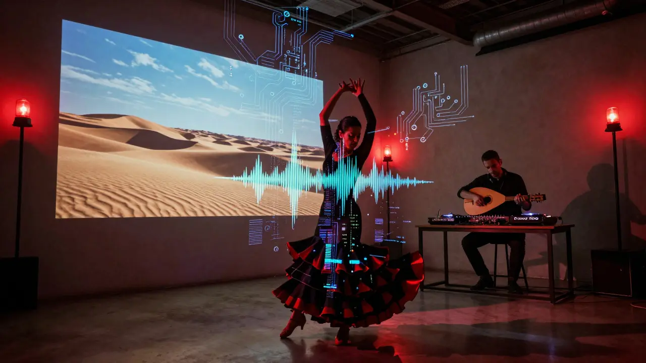 Flamenco dancer merging with electronic visuals in Pacha Munich's experimental Loft