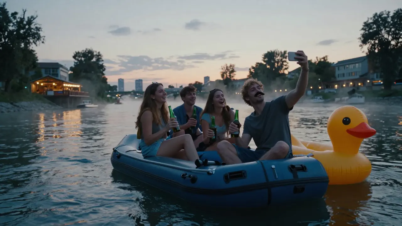 Friends floating down the Isar River on an inflatable raft with beer bottles and a duck toy.