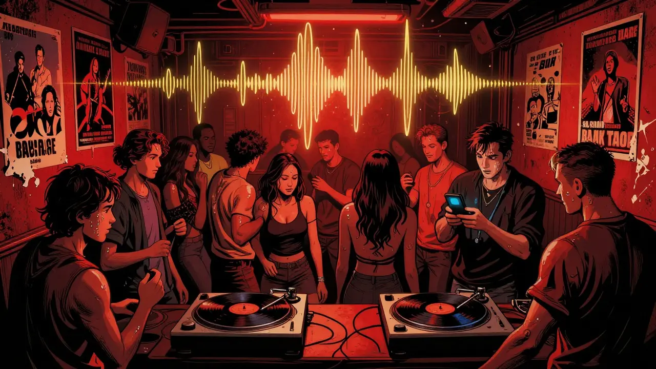 Intimate underground dance floor at Backstage with vinyl turntables and no phones