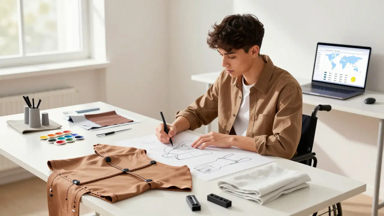 Jules Chen designs adaptive clothing in a bright studio, surrounded by fabric samples and digital tools.