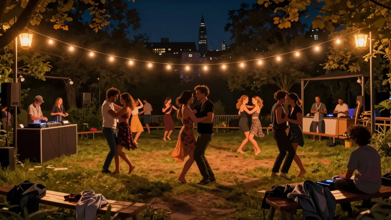 People dancing outdoors at Prater Garten under string lights with city skyline in the distance.