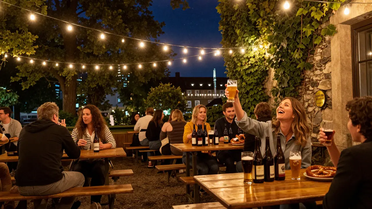 People laughing and sipping wine under string lights in a cozy riverside beer garden at night.